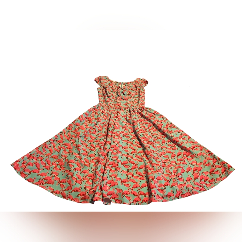 eShakti Custom Flamingo Print Sleeveless Fit & Flare Dress Front Bow Detail EUC